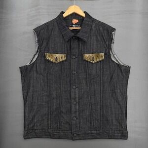 Y2K Robin's Jean Denim Vest Black Studded Motorcycle Club Embroidered XXXL 3XL